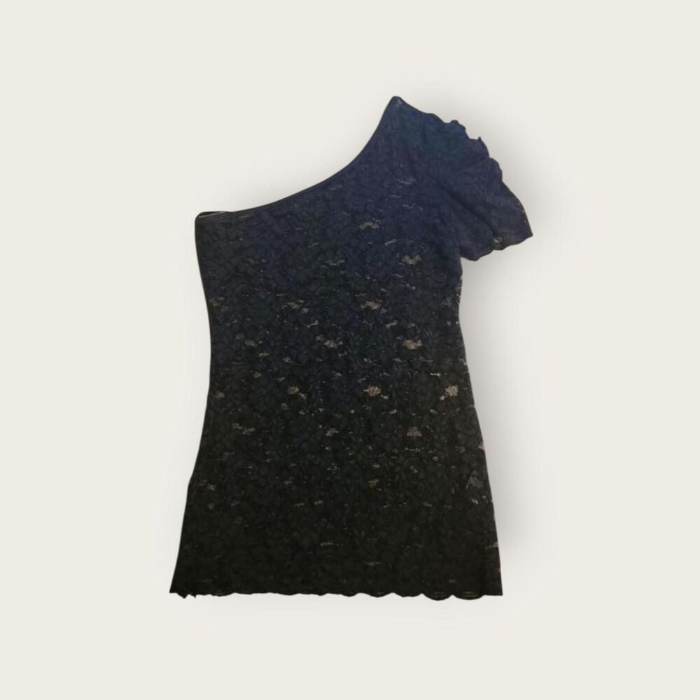 Vintage Y2k Bebe black lace sheer see through one shoulder going out shirt